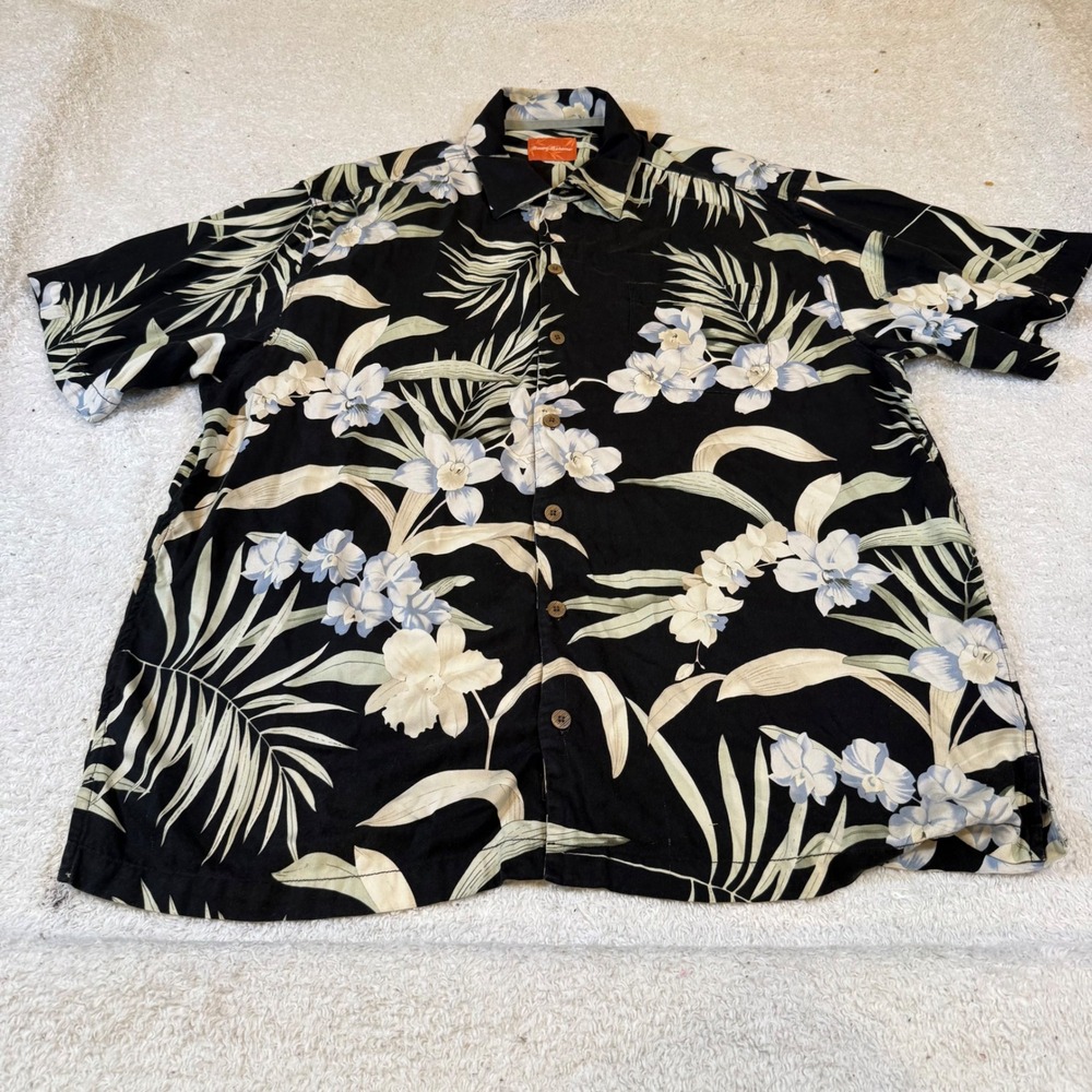 Tommy Bahama Mens XL Black Silk Tropical Floral Palm Short Sleeve Camp Shirt